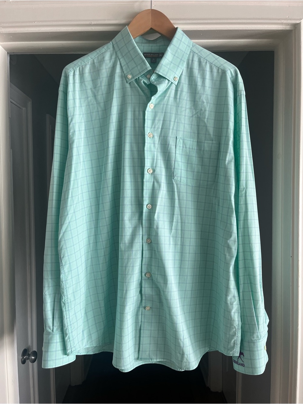 Peter Millar Summer Comfort Mint Blue Green Windowpane Button-Down Dress Shirt